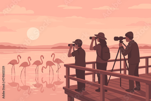 Group of birdwatchers observing flamingos at sunset near a serene lake in warm tones