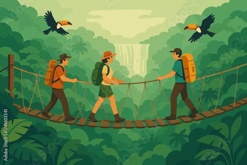 Adventurers cross a bridge in a lush jungle with waterfalls and toucans in the backdrop during daytime exploration
