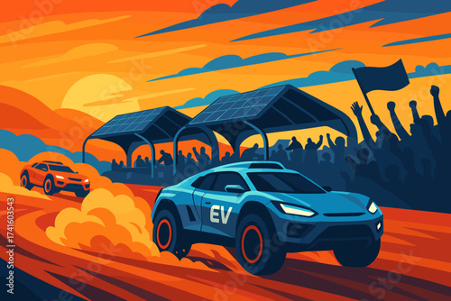 Exciting electric vehicle race unfolds at sunset with enthusiastic crowd cheering in the background