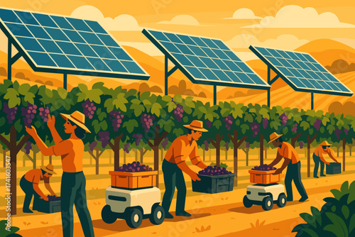 Workers pick grapes in vineyard with solar panels under a golden sunset in a sustainable farming setting