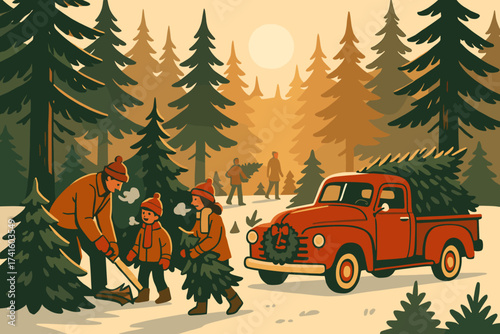 Family enjoying a winter day while selecting and cutting down a Christmas tree in a snowy forest