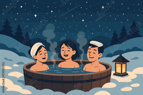 Friends enjoy a relaxing evening in a hot tub under a starry sky in wintertime