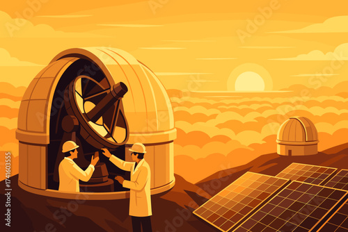 Scientists conduct research at an observatory during sunset with solar panels in the background