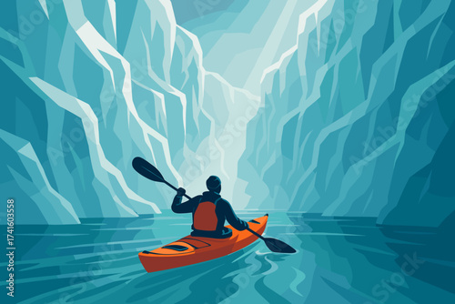 Kayaker paddling through a narrow glacier canyon on a bright, clear day
