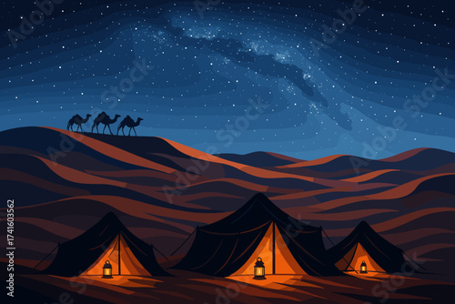 Campers enjoy a starry night in the desert with camels strolling in the distance under a beautiful galaxy