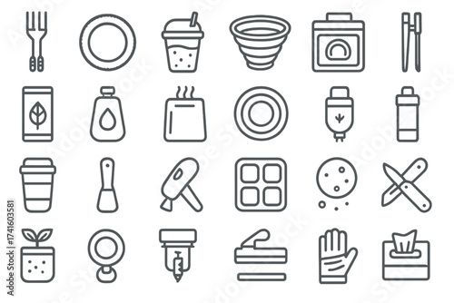 Collection of kitchen and dining icons representing various cooking tools and food items arranged in a grid pattern