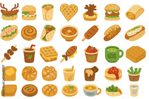 Various delicious food items arranged in a colorful pattern with different shapes and styles for culinary delight