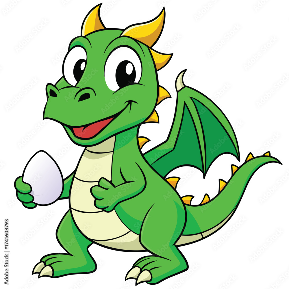 Obraz premium Vector art of cute green cartoon dragon holding an egg