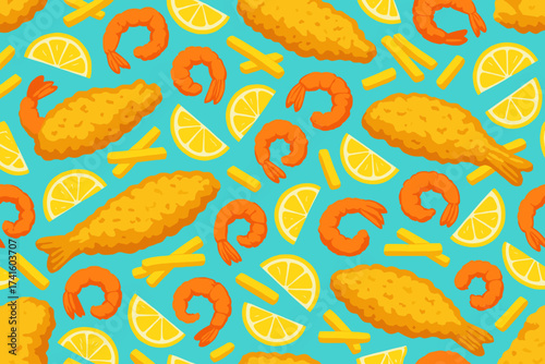 Colorful illustration of fried fish, shrimp, and lemon slices on a bright blue background