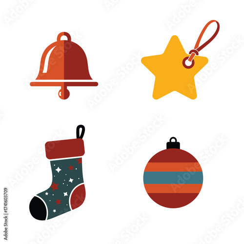 Christmas holiday icons festive bell star stocking ornament flat design elements bundle vector illustration on white background