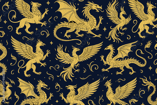 Magical designs of dragons and mythical creatures on a dark blue background
