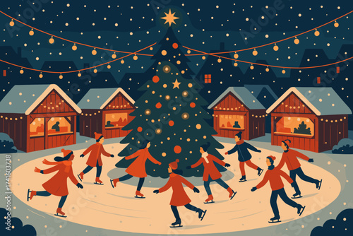 Festive ice skating scene at a holiday market with a decorated Christmas tree under twinkling lights