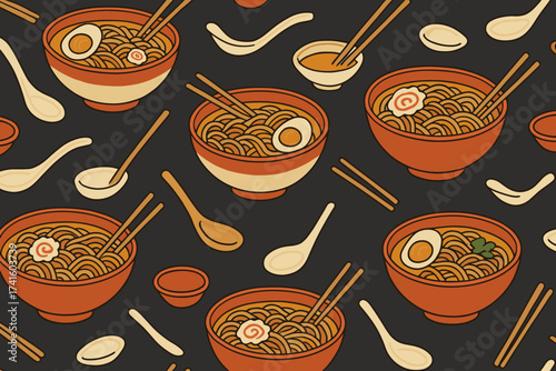 Colorful bowls of ramen with chopsticks and spoons against a dark background create an appealing food pattern design