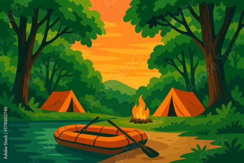 Camping scene by a river at sunset with tents, a campfire, and a raft on the shore