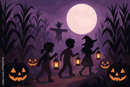 Children carrying lanterns in a spooky corn maze during a full moon night