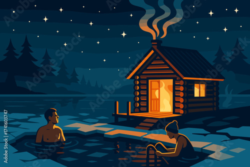 Relaxing under the stars in a cozy cabin near a lake with warm water on a serene night