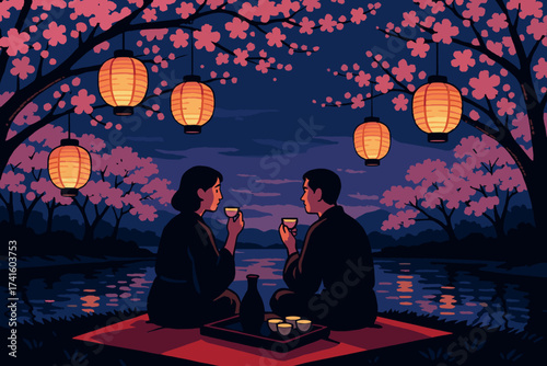 Couple enjoying cherry blossom view while sipping tea under lanterns at dusk by the water