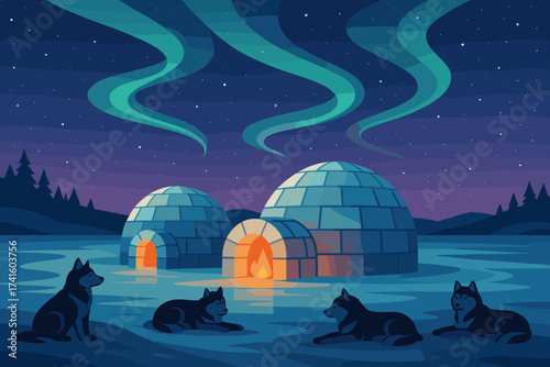 Nighttime scene of huskies resting near glowing igloos under the northern lights in a tranquil arctic landscape