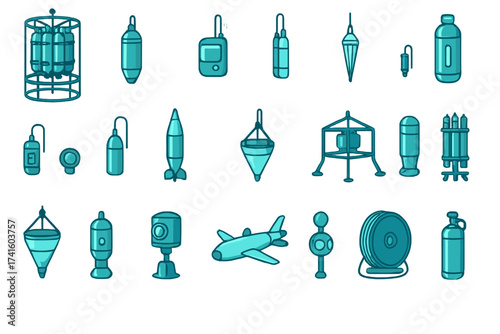 Collection of illustrated tools and equipment for various activities and industries displayed in vibrant teal color