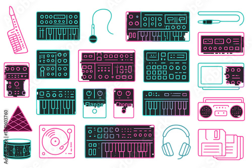 Musical instruments and equipment in vibrant colors showcasing various devices used for sound creation and mixing