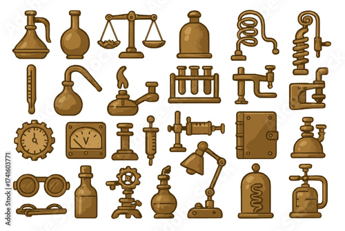 Collection of vintage laboratory equipment and scientific instruments for education and decoration