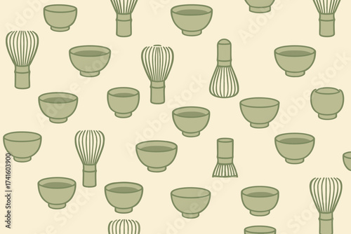 Pattern featuring traditional Japanese tea utensils on a light background for tea lovers and culinary enthusiasts