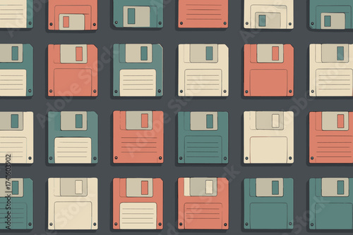Colorful retro floppy disks in an organized pattern on a dark background showcasing vintage technology aesthetics