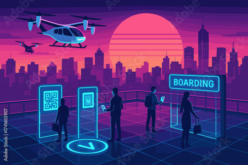 Advanced urban boarding area with drones and digital check-in at sunset in a futuristic city
