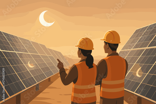 Workers observe a solar eclipse at a solar farm in the late afternoon