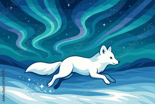 Fox running across a snowy landscape under the aurora borealis at night in a serene winter scene
