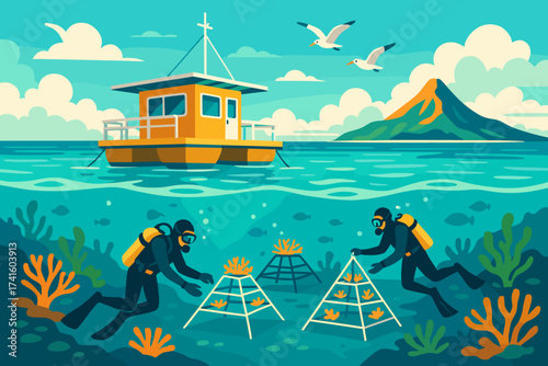 Coral reef restoration efforts by divers near a research vessel in a vibrant ocean setting