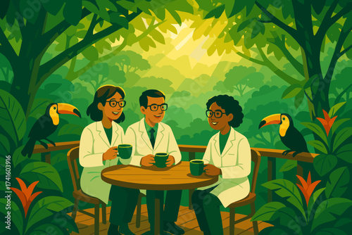 Scientists enjoy coffee while observing wildlife in a lush tropical rainforest during the afternoon
