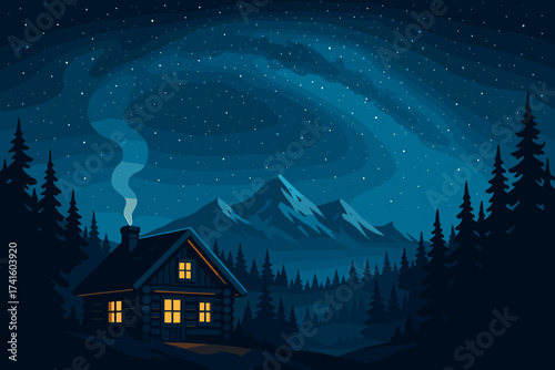 Cozy wooden cabin in the mountains under a starry night sky