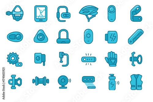 Collection of cycling and fitness icons in blue featuring various equipment and accessories