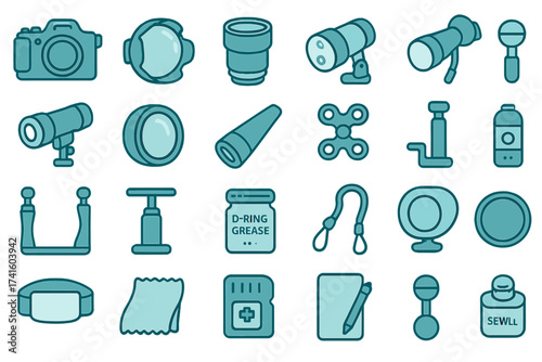 Various photography and tool icons showcasing essential equipment for outdoor activities and adventures in a simple style