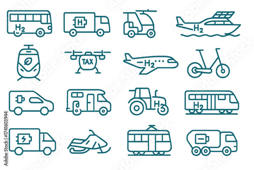 Different types of transportation methods including vehicles, drones, and watercraft, all with hydrogen fuel symbols
