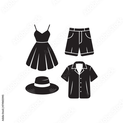 Summer clothing collection including dress shorts shirt and a stylish hat