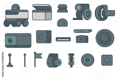 Various robotic components and design elements displayed on a white background showcasing modern technology innovation