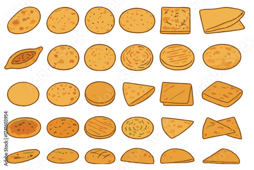 Various types of flatbreads displayed on a white background featuring different shapes and textures created through baking