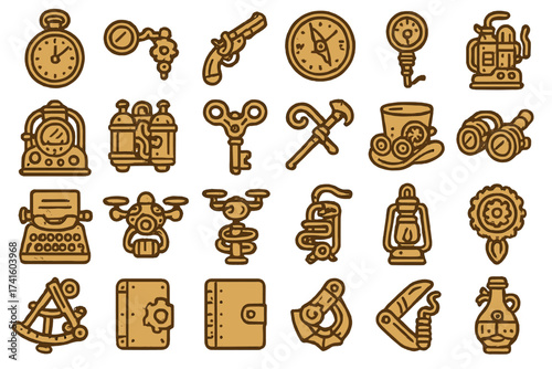 Collection of vintage steampunk icons showing various gadgets and tools like clocks, compasses, and typewriters in a creative layout