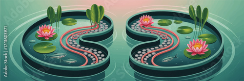 Artistic Kidney Shape Pond with Water Lilies, Fish, Pebbles, and Lush Green Plants – Vector Illustration of Healthy Kidney Concept
