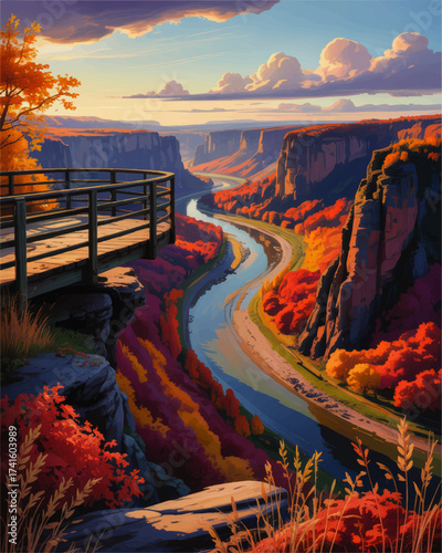 Scenic Autumn Canyon Viewpoint with River Bend, Vibrant Fall Foliage, Dramatic Cliffs, and Sunset Sky – Nature Landscape Illustration