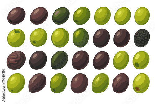 Variety of olives displayed in different colors and shapes showcasing their uniqueness and diversity in a clean background