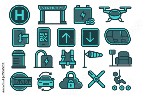 Various icons representing drone transport, smart technology, and urban mobility solutions