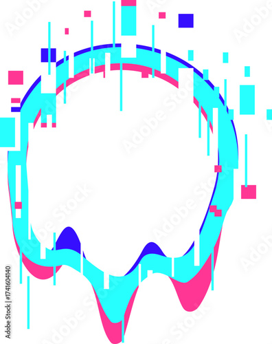 Digital circle frame with glitch effect dripping color