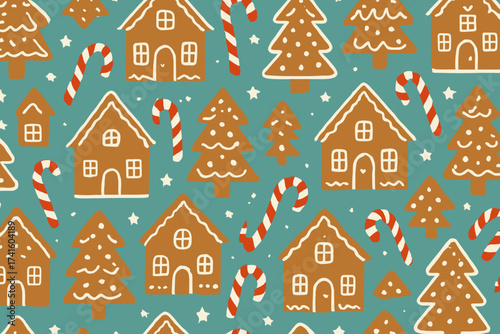 Festive gingerbread houses and candy canes pattern on a cheerful blue background during the holiday season