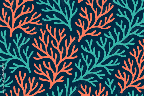 Vibrant coral reef pattern with colorful branches on a dark background creates a lively underwater scene