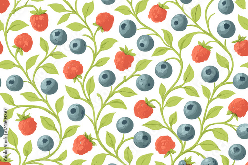 Bright red raspberries and blue blueberries arranged in a beautiful, vibrant pattern on a white background