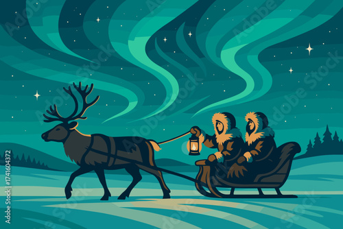 Two people in warm clothing ride in a sled pulled by a reindeer under the northern lights at night