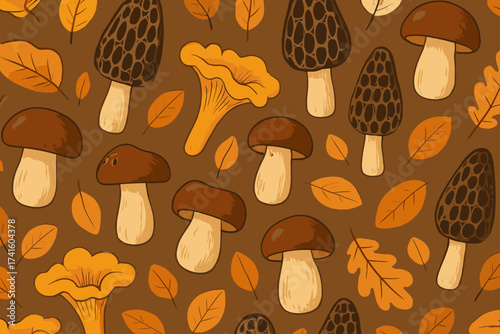 Mushrooms and autumn leaves create a warm and cozy pattern in earthy tones for seasonal decor and crafts